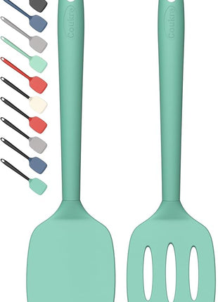 Coukre 2 Pack Silicone Spatula Set, High Heat Resistant, BPA Free Kitchen Spatula, Solid & Slotted Turner for Non-Stick Pans, Sautéing, and Flipping (2, PureAquaGreen)