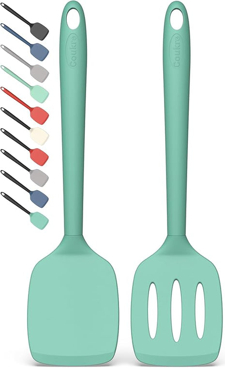 Coukre 2 Pack Silicone Spatula Set, High Heat Resistant, BPA Free Kitchen Spatula, Solid & Slotted Turner for Non-Stick Pans, Sautéing, and Flipping (2, PureAquaGreen)