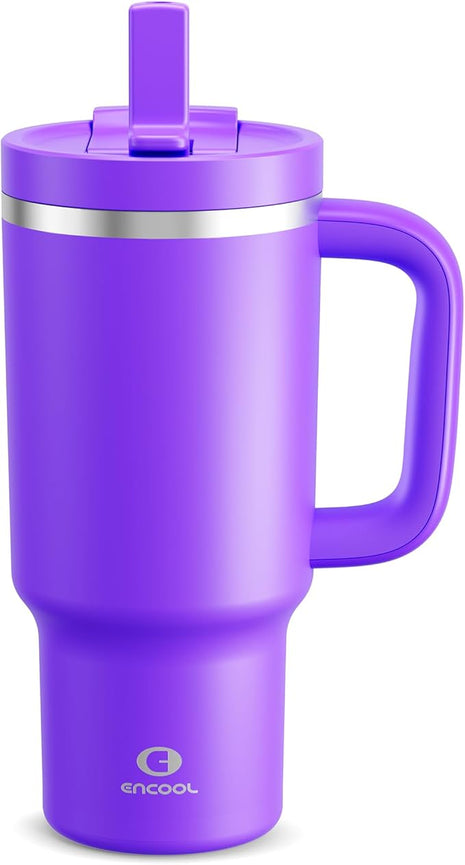 32 oz Tumbler with Handle and Straw: Stainless Steel Insulated Tumbler Keeps Cold for 24 Hours, Leakproof Travel Cup Fits in Cup Holder and BPA-Free,Violet