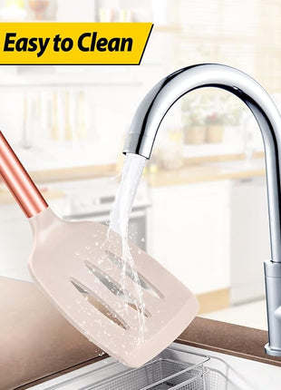 Pack of 2 Silicone Solid Turner, Non Stick Slotted Kitchen Spatulas, High Heat Resistant BPA Free Cooking Utensils, Ideal Cookware for Fish, Eggs, Pancakes(Rose Gold Khaki)