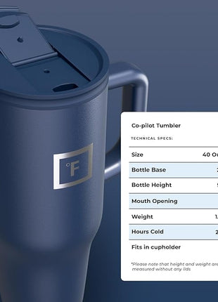 IRON °FLASK Co-Pilot Insulated Mug w/Straw & Flip Cap Lids - Cup Holder Bottle for Hot, Cold Drink - Leak-Proof - Water, Coffee Portable Travel Mug - Twilight Blue, 40 Oz