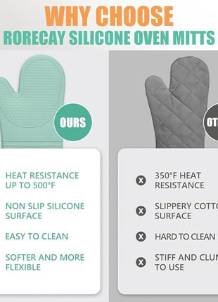 Rorecay 6pcs Oven Mitts and Pot Holders Sets Heat Resistant 500 Degrees, Extra Long Silicone Oven Gloves Non-Slip Potholders Hot Pads for Kitchen Baking Cooking, Quilted Liner, Bermuda Teal