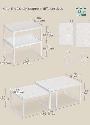 SONGMICS Spice Racks, Set of 2 Metal Cabinet Shelf Organizers, Countertop Organizers, Shelf Risers, Stackable, Expandable, White UKCS01WT