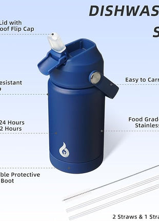 BJPKPK Insulated Water Bottle with Straw Lid, 12oz Thermo Water Bottles, Flex Handle & Non-slip Boot, BPA Free Leak Proof Stainless Steel Metal Thermo, Tumblers, Cups,Klein Blue