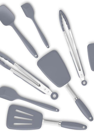 Silicone Spatulas Set Turners Tongs Cooking Utensils Set High Heat Resistant Kitchen Scraper Spatulas for Cooking Mixing Baking BPA Free Dishwasher Safe, Grey