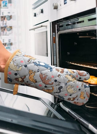 Oven Mitts Cotton Fashion Cute Cat Design 1pair Heat Resistant Oven Gloves Safe Cooking Baking Grilling Barbecue Machine Washable Pot Holders (Cat)