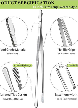 JETKONG 2 Pcs 14-Inch Food Tweezers Stainless Steel Tweezer Tongs Extra-Long Cooking Tweezers (Silver)
