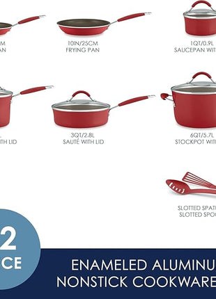 Rachael Ray Cucina Nonstick Cookware Pots and Pans Set, 12 Piece, Cranberry Red