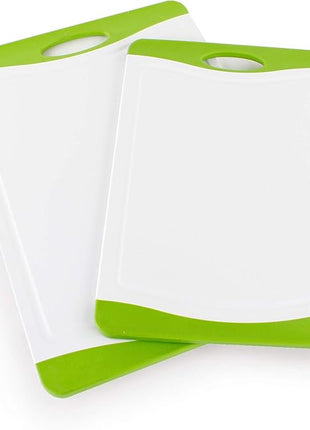 Neoflam 2 Piece Plastic Cutting Board Set, Microban Protection, Stain & Odor Free, Extra Large, BPA Free, Juice Groove, Non Slip, Dishwasher Safe, Easy Grip Handle, White Green