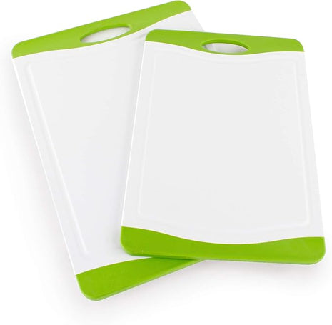 Neoflam 2 Piece Plastic Cutting Board Set, Microban Protection, Stain & Odor Free, Extra Large, BPA Free, Juice Groove, Non Slip, Dishwasher Safe, Easy Grip Handle, White Green