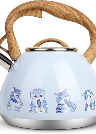 Tea Kettle, Toptier Teapot Whistling Kettle with Wood Pattern Handle Loud Whistle, Food Grade Stainless Steel Tea Pot for Stovetops Induction Water Kettle, 2.7-Quart Blue Cat