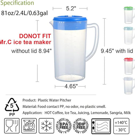 0.66 Gallon/2.5 Litre Plastic Pitcher with Lid BPA-FREE Eco-Friendly Carafes Mix Drinks Water Jug for Hot/Cold Lemonade Juice Beverage Jar Ice Tea Kettle (Blue, 81oz)