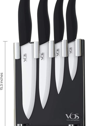 Vos Ceramic Knife Set with Block, Ceramic Knives Set For Kitchen, Ultra Sharp Kitchen Knife Set with Covers, 3" 4" 5" 6" Chef Knife, Utility, Paring & Versatile, Lightweight, Dishwasher safe (Black)