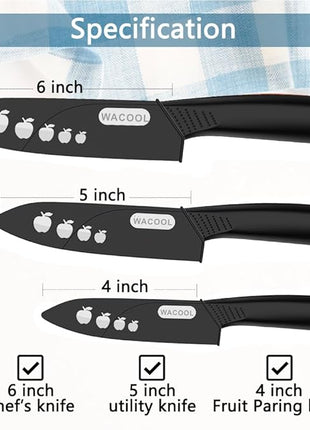 WACOOL Ceramic Knife Set with Sheaths, include 3-Piece: 6-inch Chef's Knife, 5-inch Utility Knife, 4-inch Fruit Paring Knife (Black Handle)