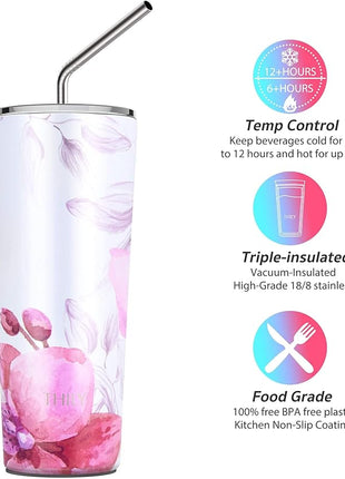 THILY Stainless Steel Vacuum Insulated Tumbler 26 oz Triple-Insulated Travel Mug with Splash-Proof Lid, for Iced Coffee and Hot Beverage, Pink Lilies + Lotus Flower