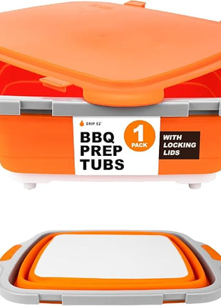 Drip EZ Collapsible BBQ Prep Tub- for Meal Prep Marinating Food Storage - Includes Cutting Board & Locking Lid - (1) OG - Orange