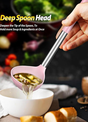 Silicone Pasta Fork and Ladle Spoon Set, Large Non Stick Kitchen Utensils for Cooking,Stirring,Serving Spaghetti, Soup, Sauce (PINK)