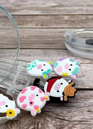 Straw Cover Cap for Stanley Cup 30 Oz 40 Oz Tumblers - 10mm Cute Cow Straw Tips Covers,Silicone Straw Toppers, Funny Animals Straw Covers Cap Plugs,Anti-dust Straw Tip Drinking Straw Tips Lids