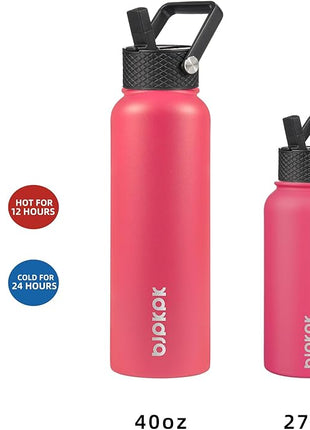 BJPKPK Insulated Water Bottles with Straw Lid, 40oz Stainless Steel Water Bottles with 3 Lids, BPA Free Leakproof Thermo, Tumblers, Cups for Sports, Gym- Rose Pink