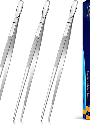 JETKONG 14-Inch Stainless Steel Cooking Tweezers Heavy Duty Kitchen Food Tweezers, Set of 3 (14 14 14 Inch, Silver)
