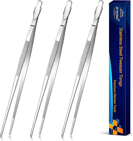 JETKONG 14-Inch Stainless Steel Cooking Tweezers Heavy Duty Kitchen Food Tweezers, Set of 3 (14 14 14 Inch, Silver)
