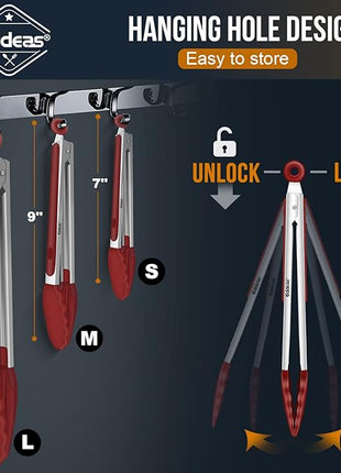 Tongs For Cooking - 7",9" and 12 inch Kitchen Tong with Silicone Tip,Heat Resistant 600 Degrees Metal Locking Tongs - for cooking,Salad and Barbecue,Red Set of 3