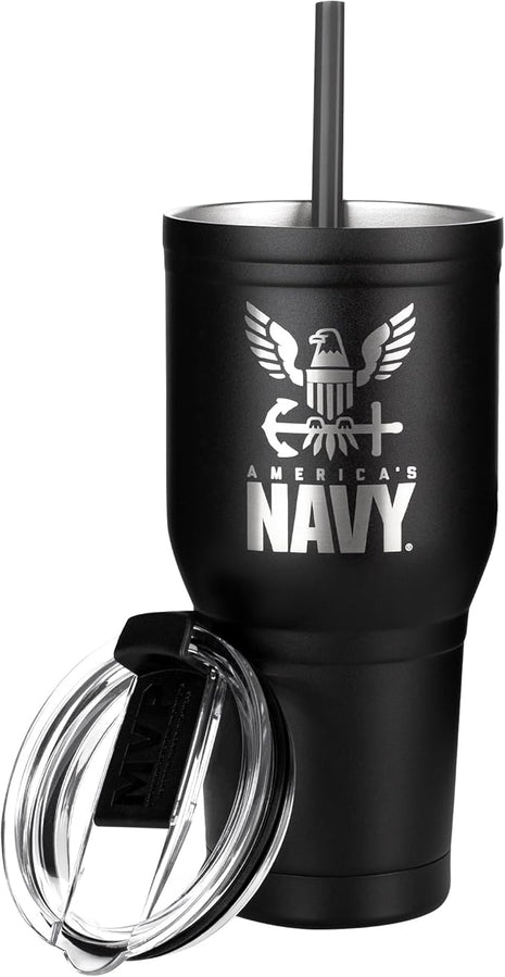 USN Stainless Steel Tumbler with Lid & Straw – Double-Wall Vacuum Insulated Travel Mug – Keeps Drinks Hot or Cold – Navy Gifts | America’s Navy 30oz