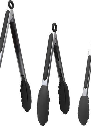 Popco 3-Piece Kitchen Tongs Set – Stainless Steel Heat Resistant Silicone Tips, Strong Comfort Grip, 3 Sizes (7, 9, 12 Inch), Non-Scratch, Dishwasher Safe, for Cooking, BBQ, Salad
