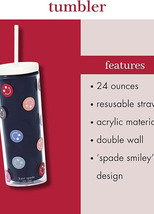 kate spade new york Acrylic Tumbler with Lid and Straw, 24 oz Tumbler, Slim Double Wall Tumbler (Spade Smiley)