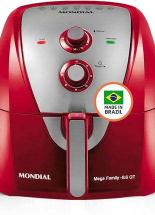 MONDIAL Air Fryer - 8.6 Quart Extra-Large Air Fryer, 2 Simple Dial Controls, 1800 Watts - Quick Heat Circulation Technology, Low Fat Cooking Less Calories - Removable Squared Basket - Red
