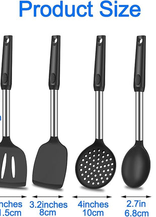 5Pcs Silicone Spatula Heat Resistant Long Large Spatulas Set for Nonstick Cookware, Rubber Pancake Fish Turner Spatula for Kitchen Use Silicone Cooking Kitchen Utensils Set Black
