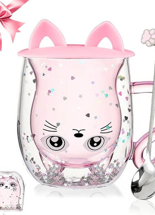 Gifts for Women Cat Gifts Double Walled Glass Coffee Latte Cup Cute Stuff Cat Mug Gifts for Her Christmas Stocking Fillers,Birthday,Valentines,Halloween Presents for Women,Kid,Mum,Teacher