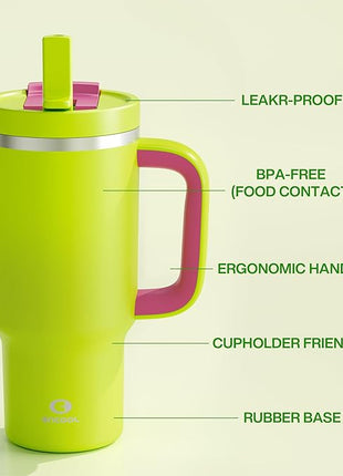32 oz Tumbler with Handle and Straw: Stainless Steel Insulated Tumbler Keeps Cold for 24 Hours, Leakproof Travel Cup Fits in Cup Holder and BPA-Free,Acid Green