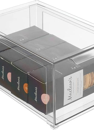 mDesign Plastic Pantry Organization and Storage Bin w/Pull Out Drawer - Stackable Kitchen Supplies Storage Container for Organizing Cabinet, Fridge, Freezer - Lumiere Collection - 4 Pack, Clear