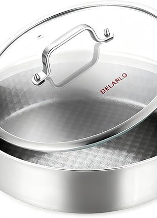 DELARLO Saute Pan 8QT, Frying Pan Nonstick with Lid, Tri-ply Stainless Steel Skillet, Large Braiser Induction, Everyday Pans, Heavy Duty Style, Compatible with All Cooktops Up to 660℉