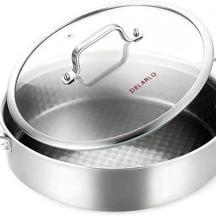 DELARLO Saute Pan 8QT, Frying Pan Nonstick with Lid, Tri-ply Stainless Steel Skillet, Large Braiser Induction, Everyday Pans, Heavy Duty Style, Compatible with All Cooktops Up to 660℉