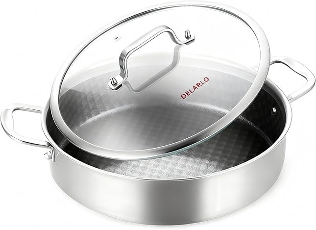 DELARLO Saute Pan 8QT, Frying Pan Nonstick with Lid, Tri-ply Stainless Steel Skillet, Large Braiser Induction, Everyday Pans, Heavy Duty Style, Compatible with All Cooktops Up to 660℉