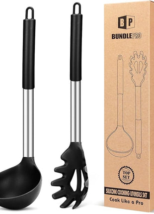 Silicone Pasta Fork and Ladle Spoon Set, Large Non Stick Kitchen Utensils for Cooking,Stirring,Serving Spaghetti, Soup, Sauce (BLACK)