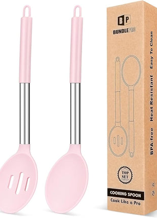 Pack of 2 Large Silicone Cooking Spoons,Non Stick Solid Basting Spoon,Heat-Resistant Kitchen Utensils for Mixing,Serving,Draining,Stirring (PINK)