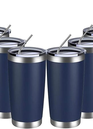 MEWAY 20oz Tumbler 8 Pack Double Wall Vacuum Insulated Travel Mug Bulk, Stainless Steel Tumblers with Lid and Straw, Durable Powder Coated Coffee Cups for Cold & Hot Drinks (Navy, 8)