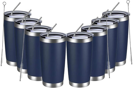 MEWAY 20oz Tumbler 8 Pack Double Wall Vacuum Insulated Travel Mug Bulk, Stainless Steel Tumblers with Lid and Straw, Durable Powder Coated Coffee Cups for Cold & Hot Drinks (Navy, 8)
