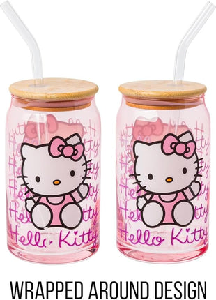 Silver Buffalo Sanrio Hello Kitty Waving Pink Glass Jar Tumbler with Bamboo Lid and Glass Straw, 16 Ounces
