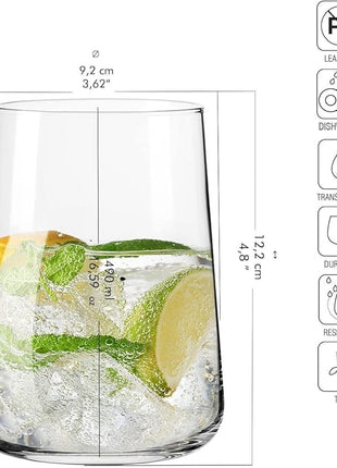 Krosno Water Glasses, 16.5 oz, Set of 12, Infinity Collection, Lead-Free Premium Crystalline Glassware, Everyday Drinking Glasses, Dishwasher Safe, Made in Europe
