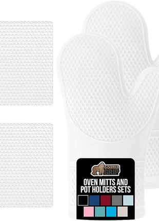GORILLA GRIP BPA-Free Soft Silicone Oven Mitts and Pot Holders Sets of 4, Heat Resistant Waterproof Cooking Gloves, Thick Cotton Lining, Flexible Gripping for Baking Grilling, Kitchen Trivets, White