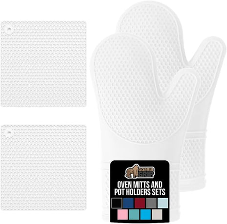 GORILLA GRIP BPA-Free Soft Silicone Oven Mitts and Pot Holders Sets of 4, Heat Resistant Waterproof Cooking Gloves, Thick Cotton Lining, Flexible Gripping for Baking Grilling, Kitchen Trivets, White
