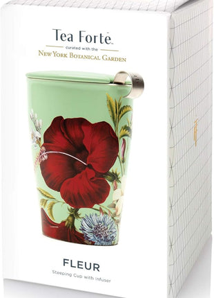 Tea Forte Double-Walled Ceramic Kati Cup, Removable Stainless Steel Infuser Basket and Lid, Steeps 12 oz Loose Leaf Tea, Dishwasher & Microwave Safe, Fleur