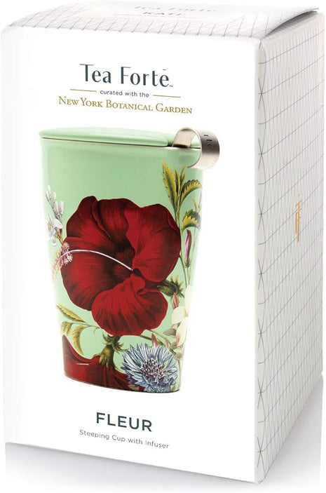 Tea Forte Double-Walled Ceramic Kati Cup, Removable Stainless Steel Infuser Basket and Lid, Steeps 12 oz Loose Leaf Tea, Dishwasher & Microwave Safe, Fleur