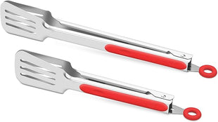 Premium 304 Stainless Steel Barbecue Turners, Heavy Duty Non-Stick BBQ Cooking Kitchen Tongs, 9" and 12" Red