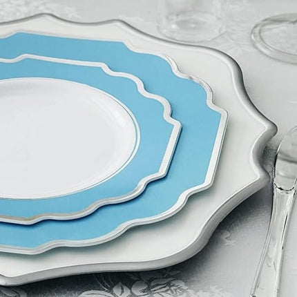 " OCCASIONS " 120 Plates Pack,(60 Guests) Heavyweight Premium Wedding Party Disposable Plastic Plates -60 x10.5'' Dinner + 60 x 8'' Salad/Dessert (Imperial Aqua & Silver)