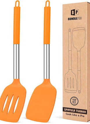 Pack of 2 Silicone Solid Turner, Non Stick Slotted Kitchen Spatulas, High Heat Resistant BPA Free Cooking Utensils, Ideal Cookware for Fish, Eggs, Pancakes (ORANGE)